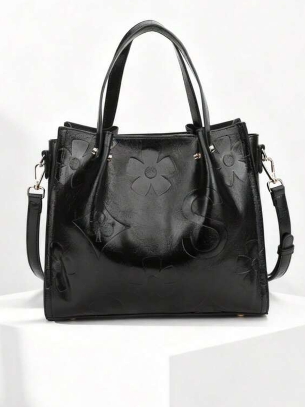 Designer-Style Faux Leather Black Blue Tote Bag with Black Accents